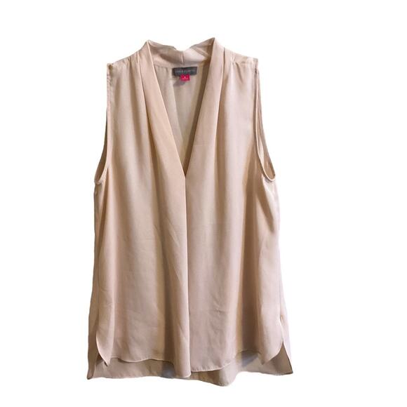 Vince Camuto Pleated V-Neck Sleeveless Beige Blouse Top Hi Low Women’s Sz S-READ - Picture 3 of 8